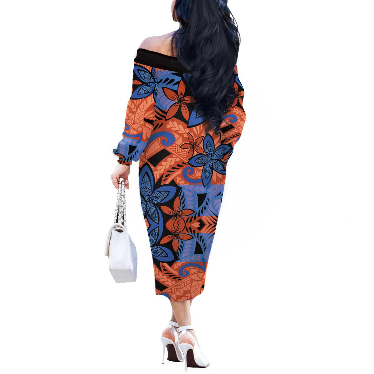 Plumeria Polynesian Pattern Off The Shoulder Long Sleeve Dress Unique Fantasy Orange Blue