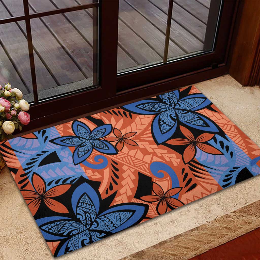 Plumeria Polynesian Pattern Rubber Doormat Unique Fantasy Orange Blue