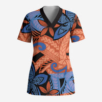 Plumeria Polynesian Pattern Scrub Top Unique Fantasy Orange Blue - Polynesian Pride