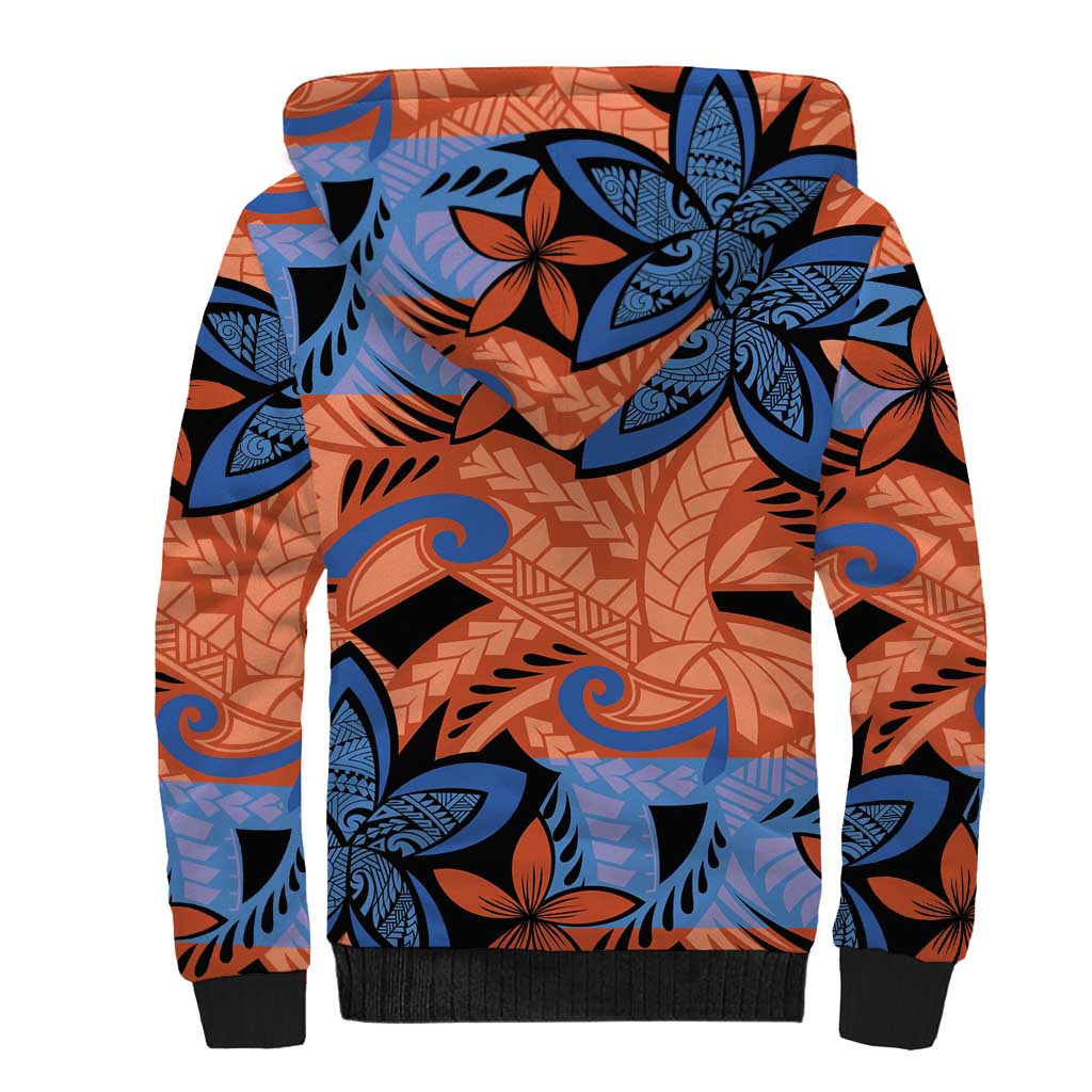 Plumeria Polynesian Pattern Sherpa Hoodie Unique Fantasy Orange Blue
