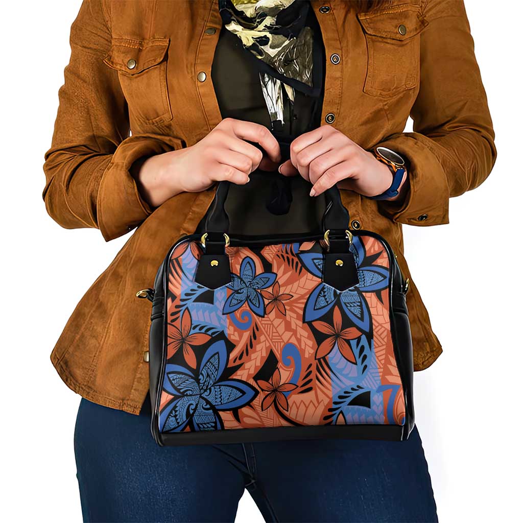 Plumeria Polynesian Pattern Shoulder Handbag Unique Fantasy Orange Blue