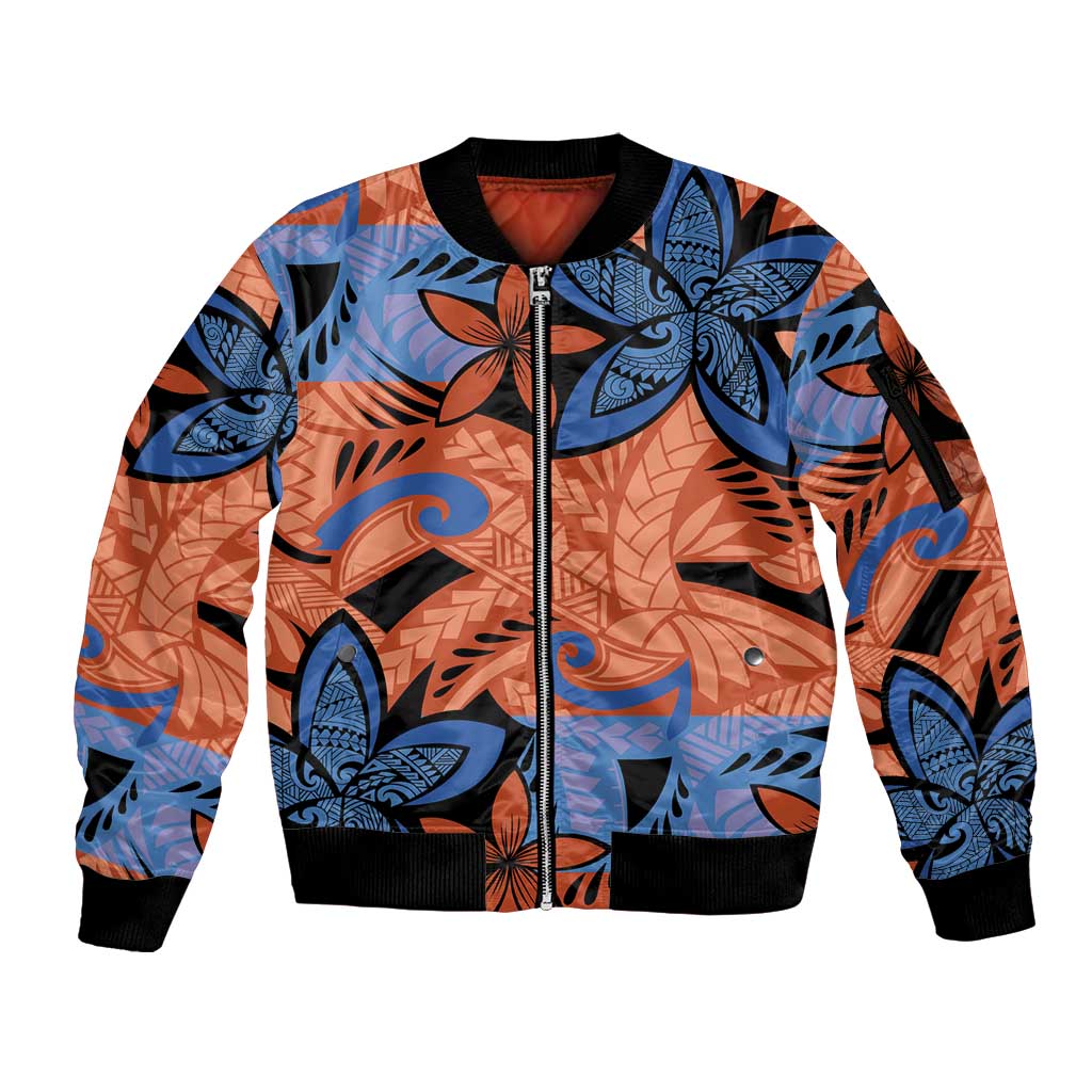Plumeria Polynesian Pattern Sleeve Zip Bomber Jacket Unique Fantasy Orange Blue LT01 Unisex Orange - Polynesian Pride
