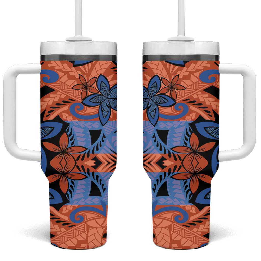 Plumeria Polynesian Pattern Tumbler With Handle Unique Fantasy Orange Blue LT01 One Size: 40 oz Orange - Polynesian Pride