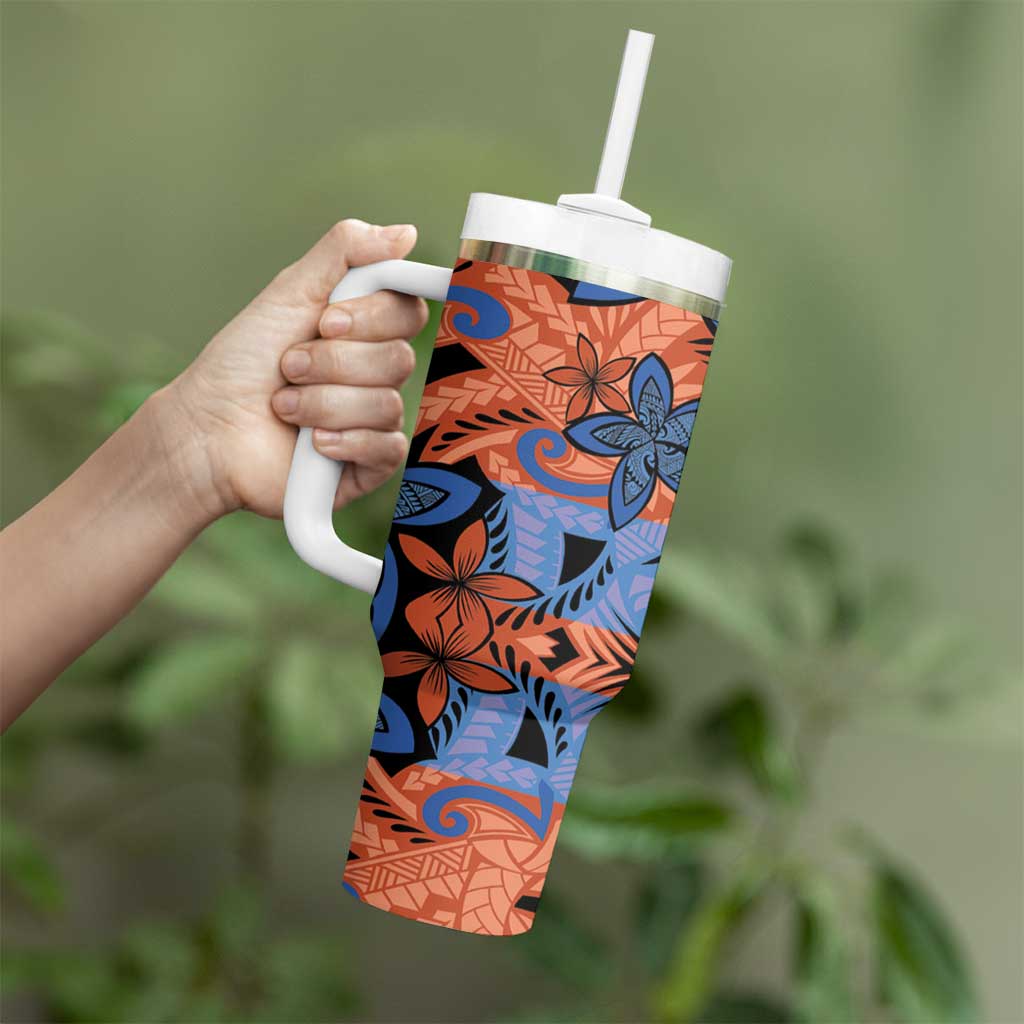 Plumeria Polynesian Pattern Tumbler With Handle Unique Fantasy Orange Blue LT01 - Polynesian Pride