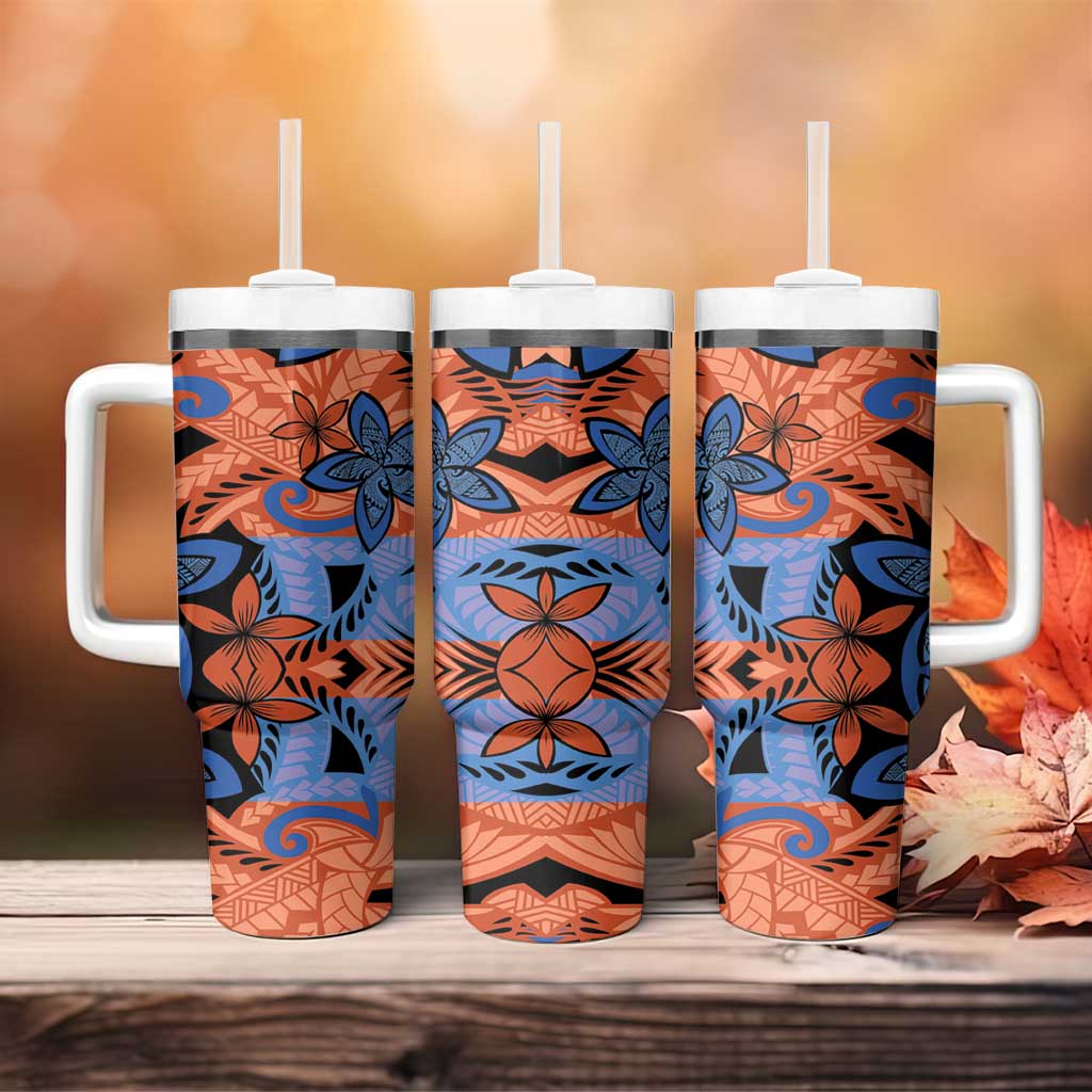 Plumeria Polynesian Pattern Tumbler With Handle Unique Fantasy Orange Blue LT01 - Polynesian Pride