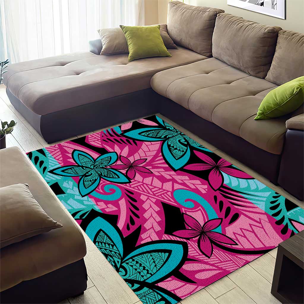Plumeria Polynesian Pattern Area Rug Unique Fantasy Pink Teal