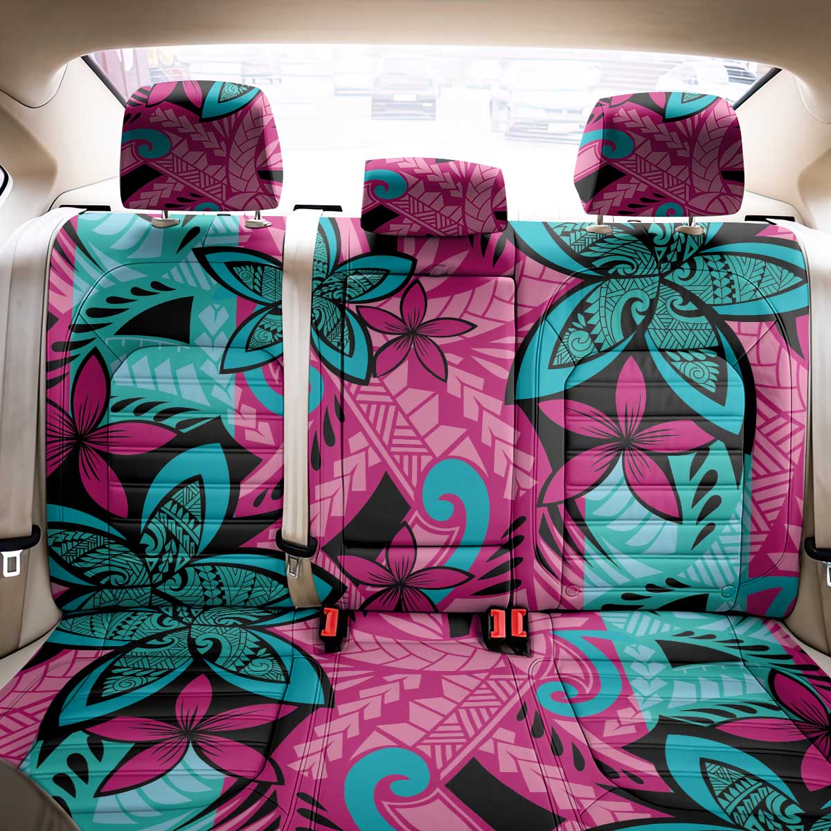 Plumeria Polynesian Pattern Back Car Seat Cover Unique Fantasy Pink Teal