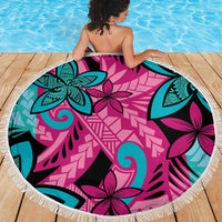 Plumeria Polynesian Pattern Beach Blanket Unique Fantasy Pink Teal