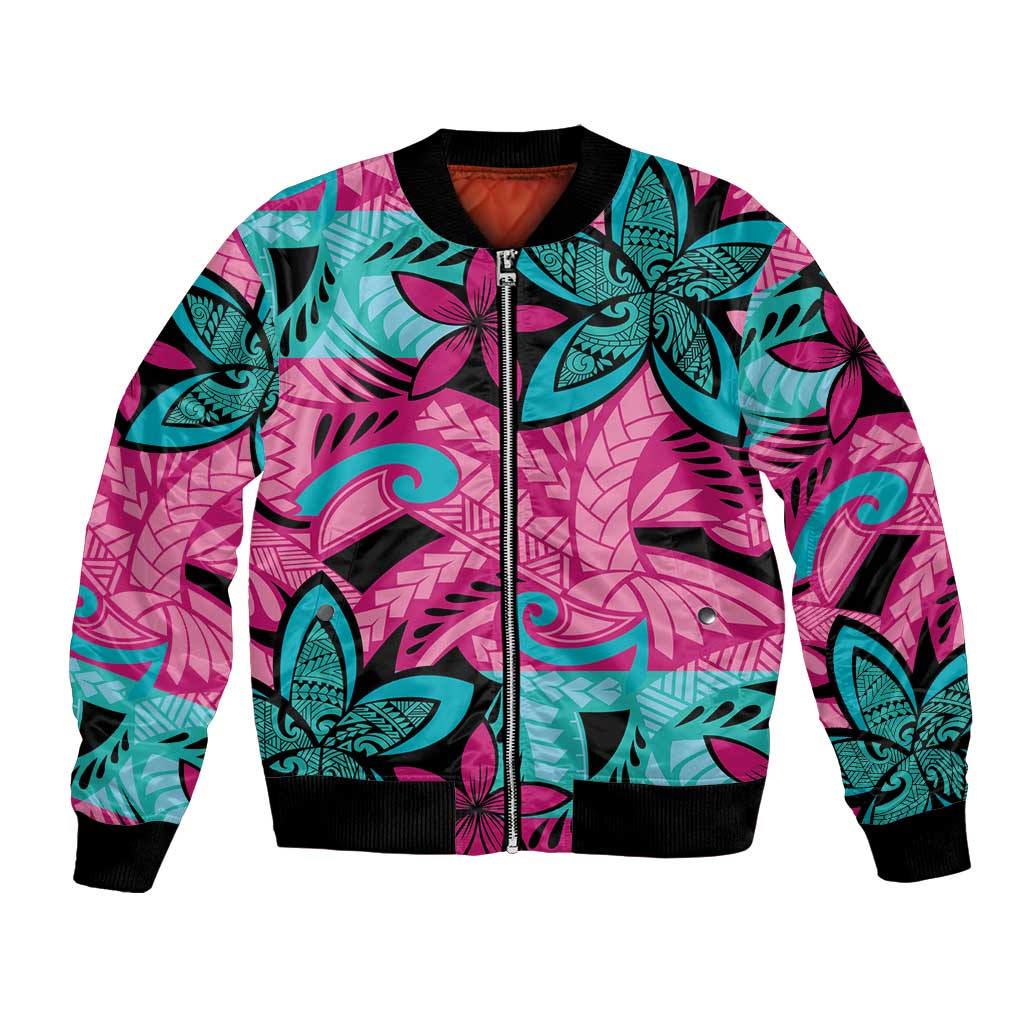 Plumeria Polynesian Pattern Bomber Jacket Unique Fantasy Pink Teal LT01 Unisex Pink - Polynesian Pride