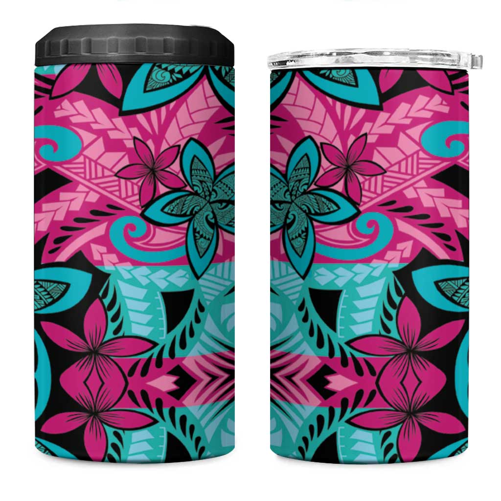 Plumeria Polynesian Pattern 4 in 1 Can Cooler Tumbler Unique Fantasy Pink Teal LT01 One Size: 16 oz Pink - Polynesian Pride