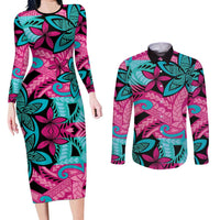 Plumeria Polynesian Pattern Couples Matching Long Sleeve Bodycon Dress and Long Sleeve Button Shirt Unique Fantasy Pink Teal LT01 Pink - Polynesian Pride