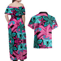 Plumeria Polynesian Pattern Couples Matching Off Shoulder Maxi Dress and Hawaiian Shirt Unique Fantasy Pink Teal LT01 - Polynesian Pride