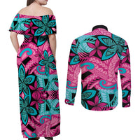 Plumeria Polynesian Pattern Couples Matching Off Shoulder Maxi Dress and Long Sleeve Button Shirt Unique Fantasy Pink Teal