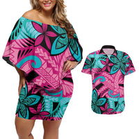Plumeria Polynesian Pattern Couples Matching Off Shoulder Short Dress and Hawaiian Shirt Unique Fantasy Pink Teal LT01 Pink - Polynesian Pride