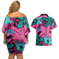 Plumeria Polynesian Pattern Couples Matching Off Shoulder Short Dress and Hawaiian Shirt Unique Fantasy Pink Teal LT01 - Polynesian Pride