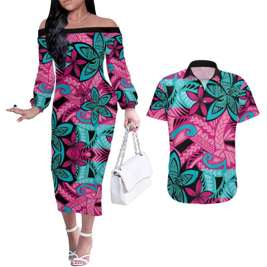 Plumeria Polynesian Pattern Couples Matching Off The Shoulder Long Sleeve Dress and Hawaiian Shirt Unique Fantasy Pink Teal