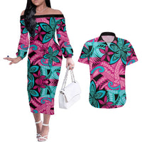 Plumeria Polynesian Pattern Couples Matching Off The Shoulder Long Sleeve Dress and Hawaiian Shirt Unique Fantasy Pink Teal