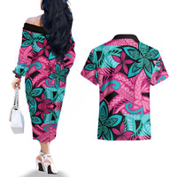 Plumeria Polynesian Pattern Couples Matching Off The Shoulder Long Sleeve Dress and Hawaiian Shirt Unique Fantasy Pink Teal