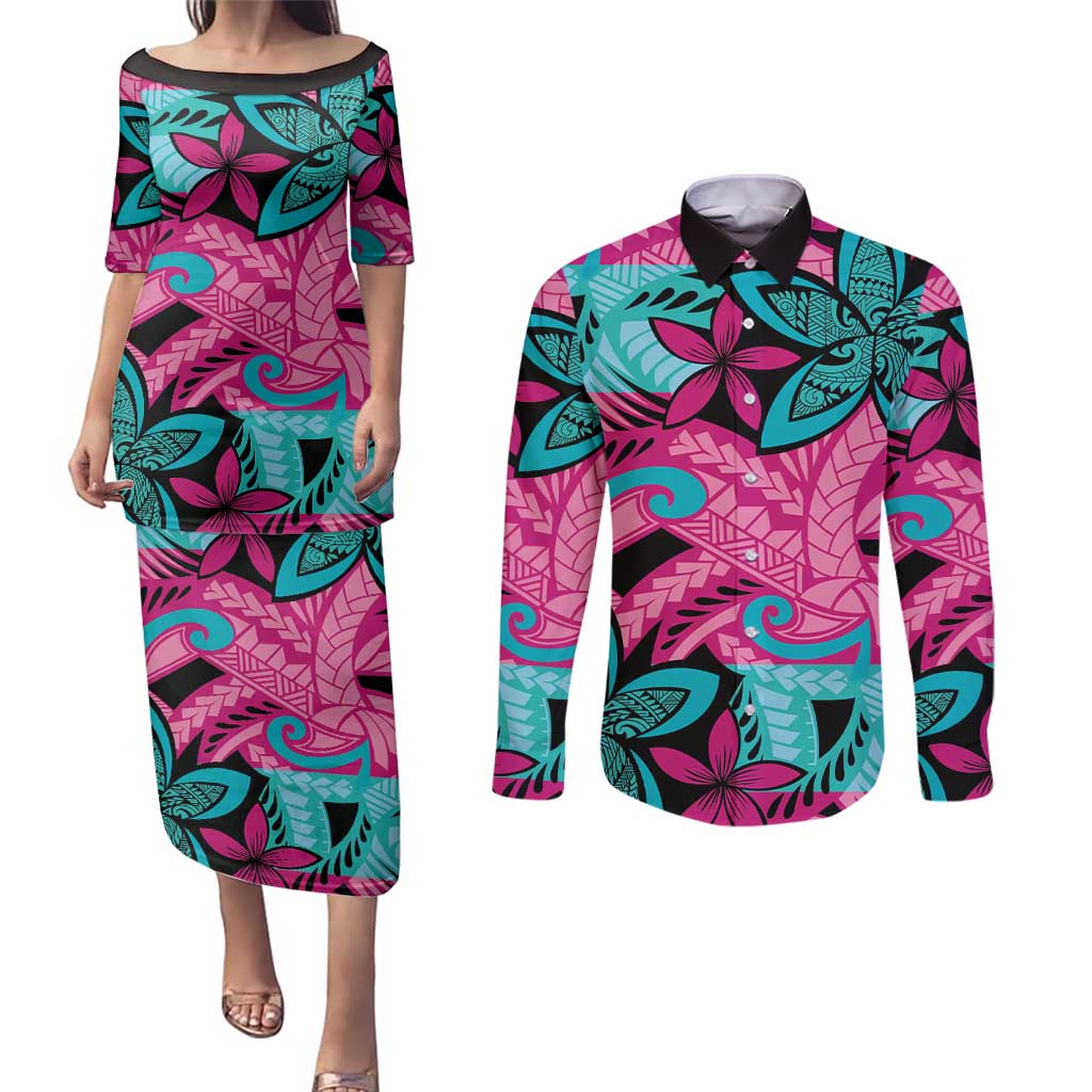 Plumeria Polynesian Pattern Couples Matching Puletasi and Long Sleeve Button Shirt Unique Fantasy Pink Teal LT01 Pink - Polynesian Pride