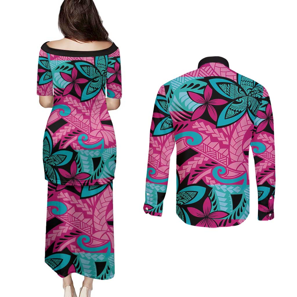 Plumeria Polynesian Pattern Couples Matching Puletasi and Long Sleeve Button Shirt Unique Fantasy Pink Teal LT01 - Polynesian Pride