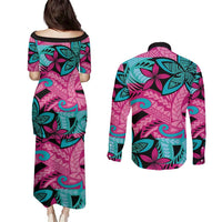 Plumeria Polynesian Pattern Couples Matching Puletasi and Long Sleeve Button Shirt Unique Fantasy Pink Teal LT01 - Polynesian Pride