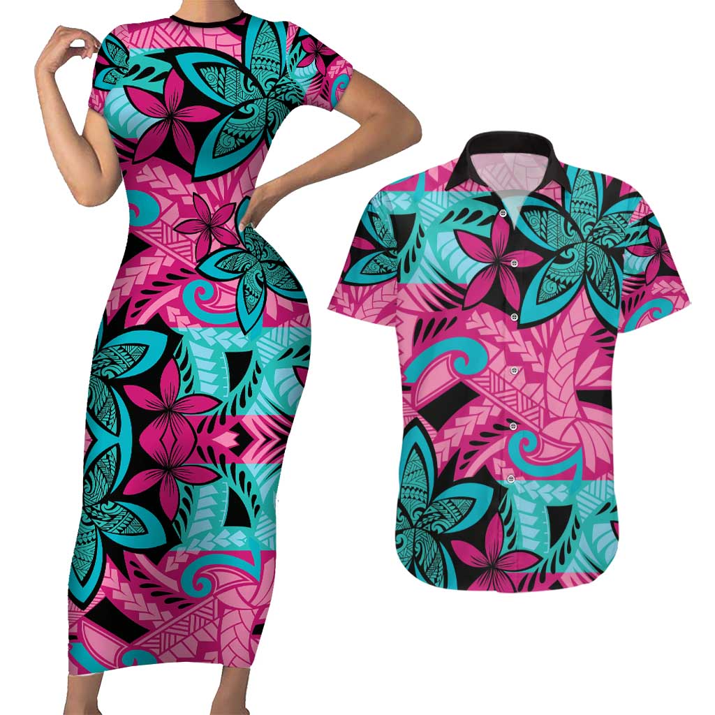 Plumeria Polynesian Pattern Couples Matching Short Sleeve Bodycon Dress and Hawaiian Shirt Unique Fantasy Pink Teal LT01 Pink - Polynesian Pride