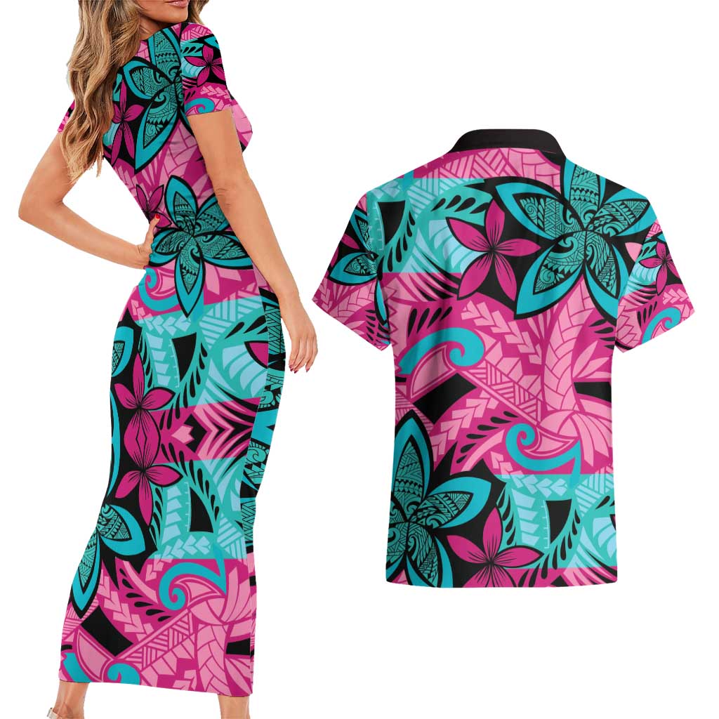 Plumeria Polynesian Pattern Couples Matching Short Sleeve Bodycon Dress and Hawaiian Shirt Unique Fantasy Pink Teal LT01 - Polynesian Pride