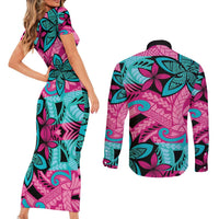 Plumeria Polynesian Pattern Couples Matching Short Sleeve Bodycon Dress and Long Sleeve Button Shirt Unique Fantasy Pink Teal LT01 - Polynesian Pride