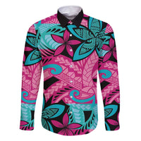 Plumeria Polynesian Pattern Family Matching Long Sleeve Bodycon Dress and Hawaiian Shirt Unique Fantasy Pink Teal