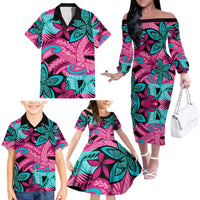 Plumeria Polynesian Pattern Family Matching Off The Shoulder Long Sleeve Dress and Hawaiian Shirt Unique Fantasy Pink Teal