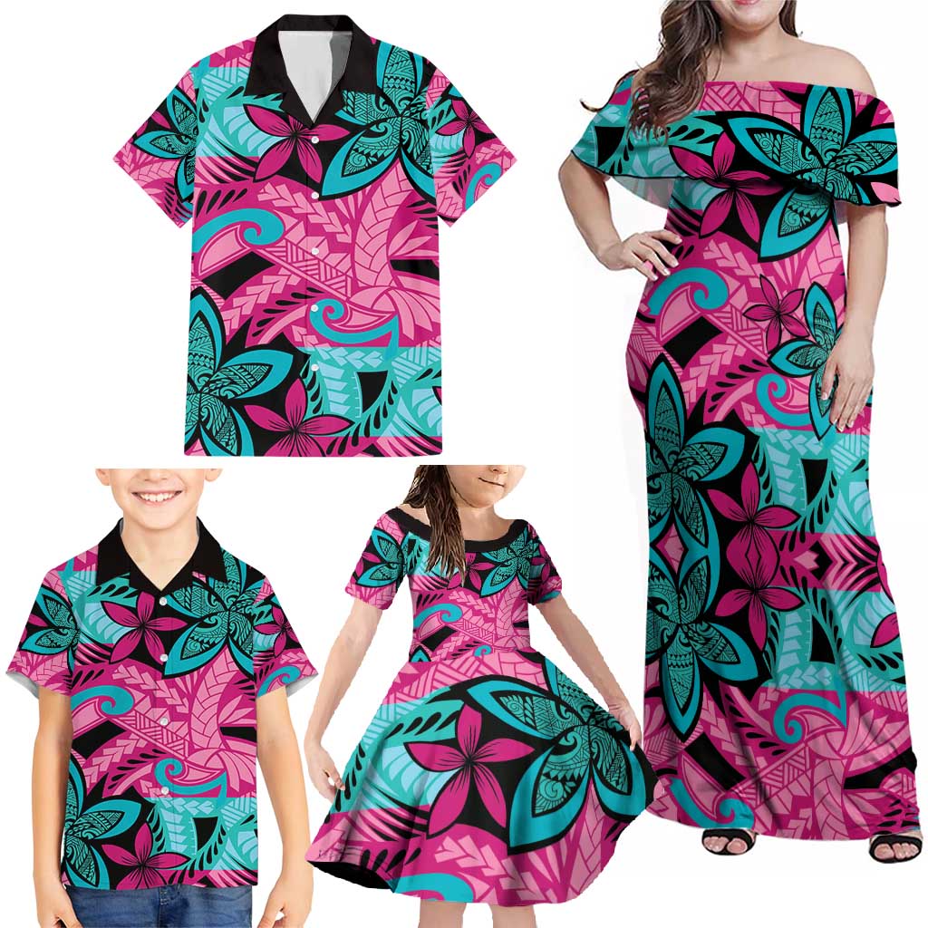 Plumeria Polynesian Pattern Family Matching Off Shoulder Maxi Dress and Hawaiian Shirt Unique Fantasy Pink Teal