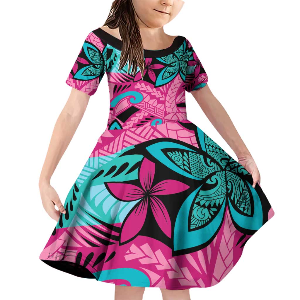 Plumeria Polynesian Pattern Family Matching Off Shoulder Short Dress and Hawaiian Shirt Unique Fantasy Pink Teal