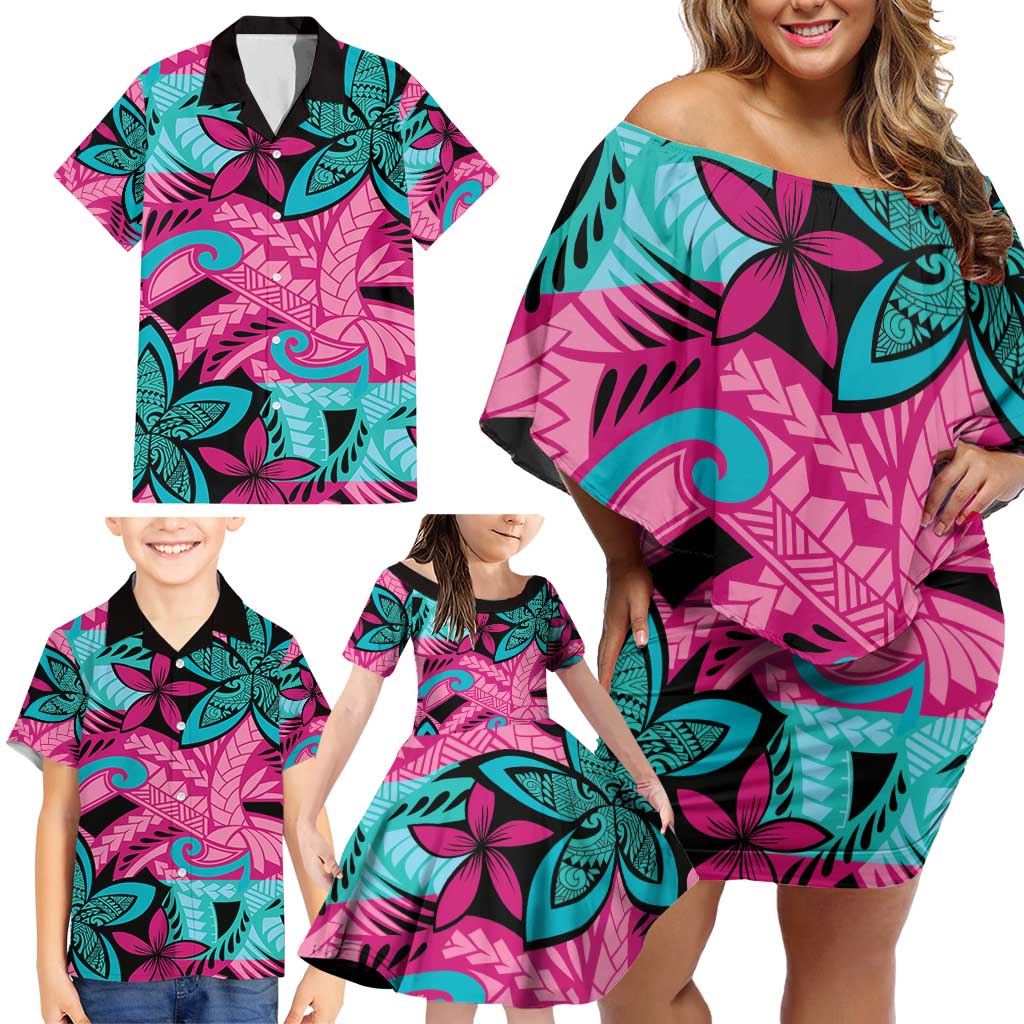 Plumeria Polynesian Pattern Family Matching Off Shoulder Short Dress and Hawaiian Shirt Unique Fantasy Pink Teal