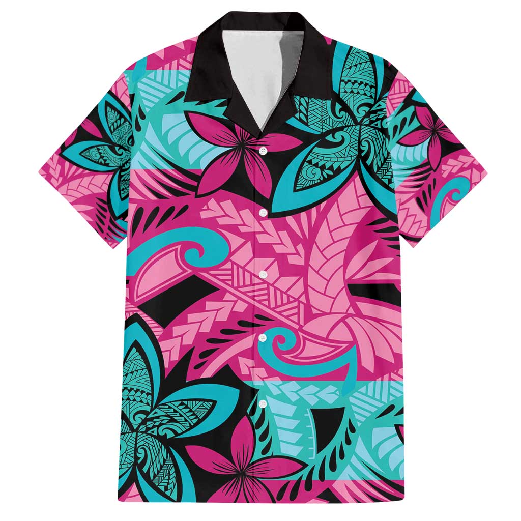 Plumeria Polynesian Pattern Family Matching Off Shoulder Short Dress and Hawaiian Shirt Unique Fantasy Pink Teal
