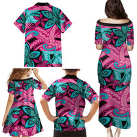 Plumeria Polynesian Pattern Family Matching Puletasi and Hawaiian Shirt Unique Fantasy Pink Teal LT01 - Polynesian Pride
