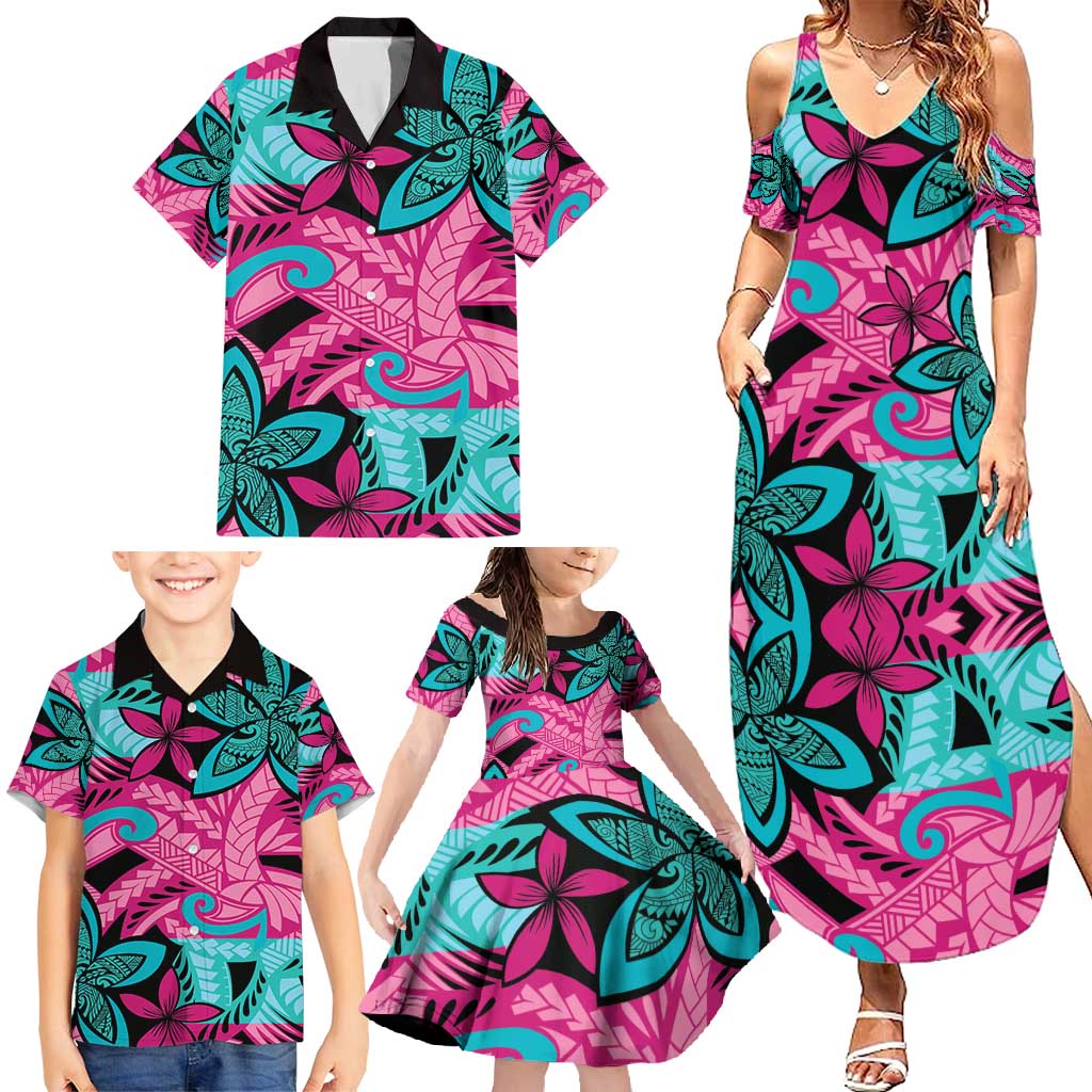 Plumeria Polynesian Pattern Family Matching Summer Maxi Dress and Hawaiian Shirt Unique Fantasy Pink Teal LT01 - Polynesian Pride