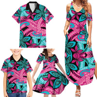Plumeria Polynesian Pattern Family Matching Summer Maxi Dress and Hawaiian Shirt Unique Fantasy Pink Teal LT01 - Polynesian Pride