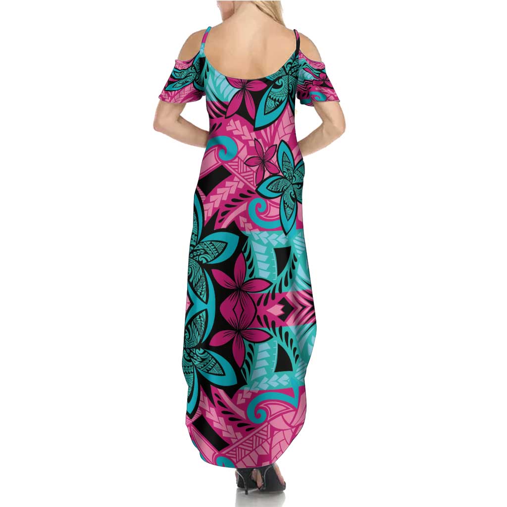 Plumeria Polynesian Pattern Family Matching Summer Maxi Dress and Hawaiian Shirt Unique Fantasy Pink Teal LT01 - Polynesian Pride