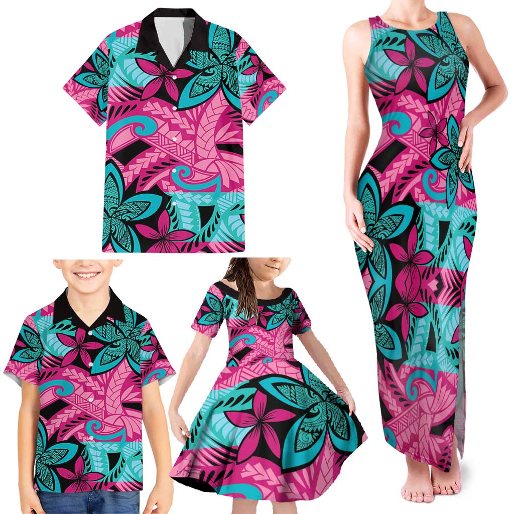 Plumeria Polynesian Pattern Family Matching Tank Maxi Dress and Hawaiian Shirt Unique Fantasy Pink Teal LT01 - Polynesian Pride
