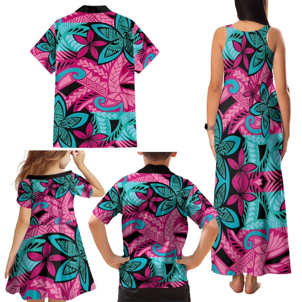 Plumeria Polynesian Pattern Family Matching Tank Maxi Dress and Hawaiian Shirt Unique Fantasy Pink Teal LT01 - Polynesian Pride