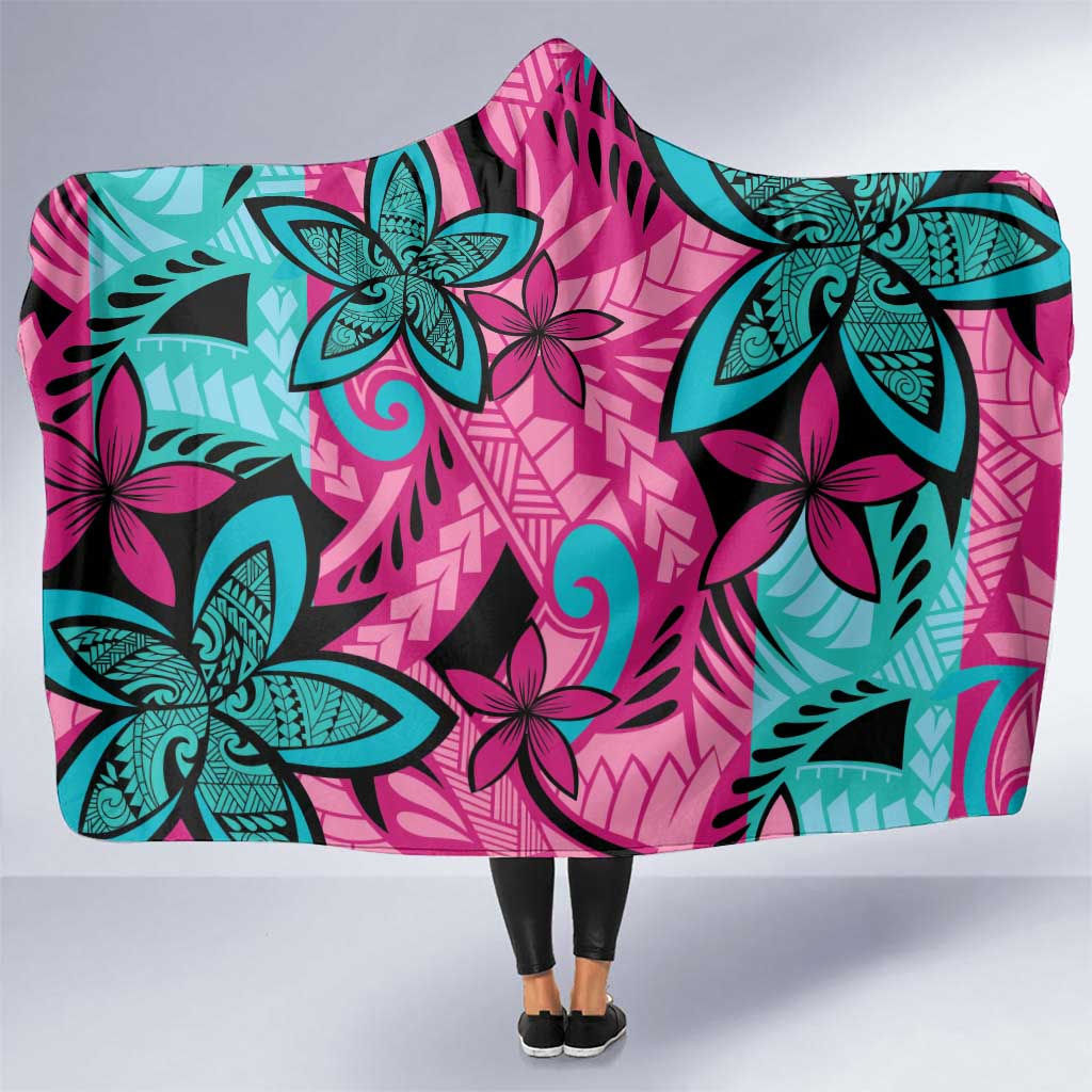 Plumeria Polynesian Pattern Hooded Blanket Unique Fantasy Pink Teal