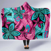 Plumeria Polynesian Pattern Hooded Blanket Unique Fantasy Pink Teal
