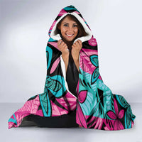 Plumeria Polynesian Pattern Hooded Blanket Unique Fantasy Pink Teal