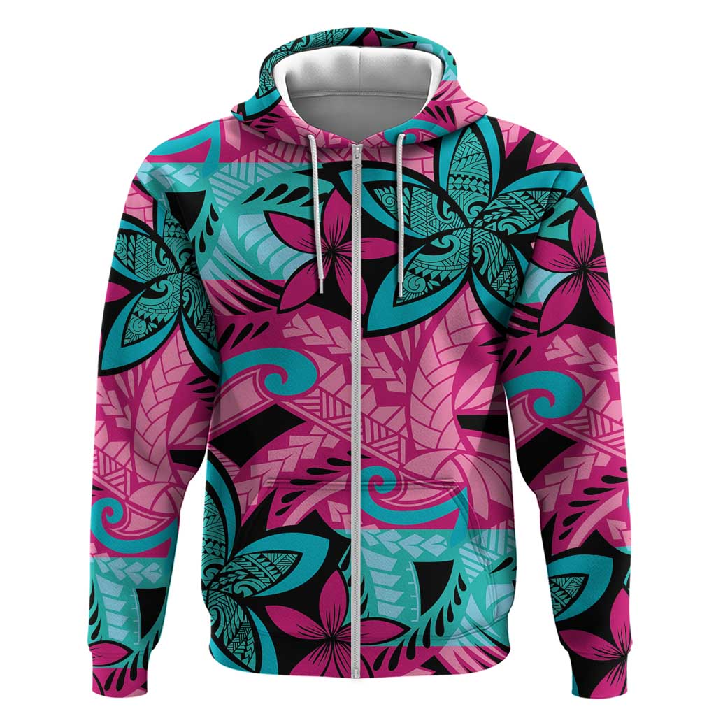 Plumeria Polynesian Pattern Hoodie Unique Fantasy Pink Teal LT01 Zip Hoodie Pink - Polynesian Pride