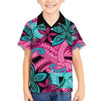 Plumeria Polynesian Pattern Kid Hawaiian Shirt Unique Fantasy Pink Teal LT01 Kid Pink - Polynesian Pride