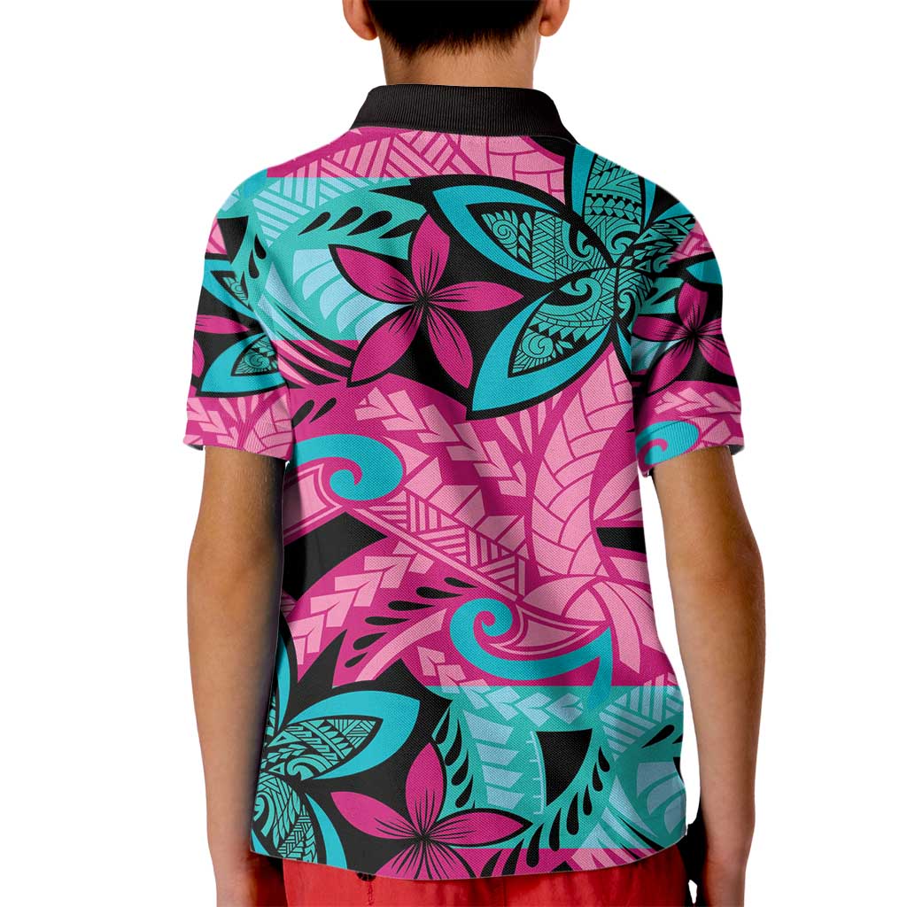 Plumeria Polynesian Pattern Kid Polo Shirt Unique Fantasy Pink Teal LT01 - Polynesian Pride