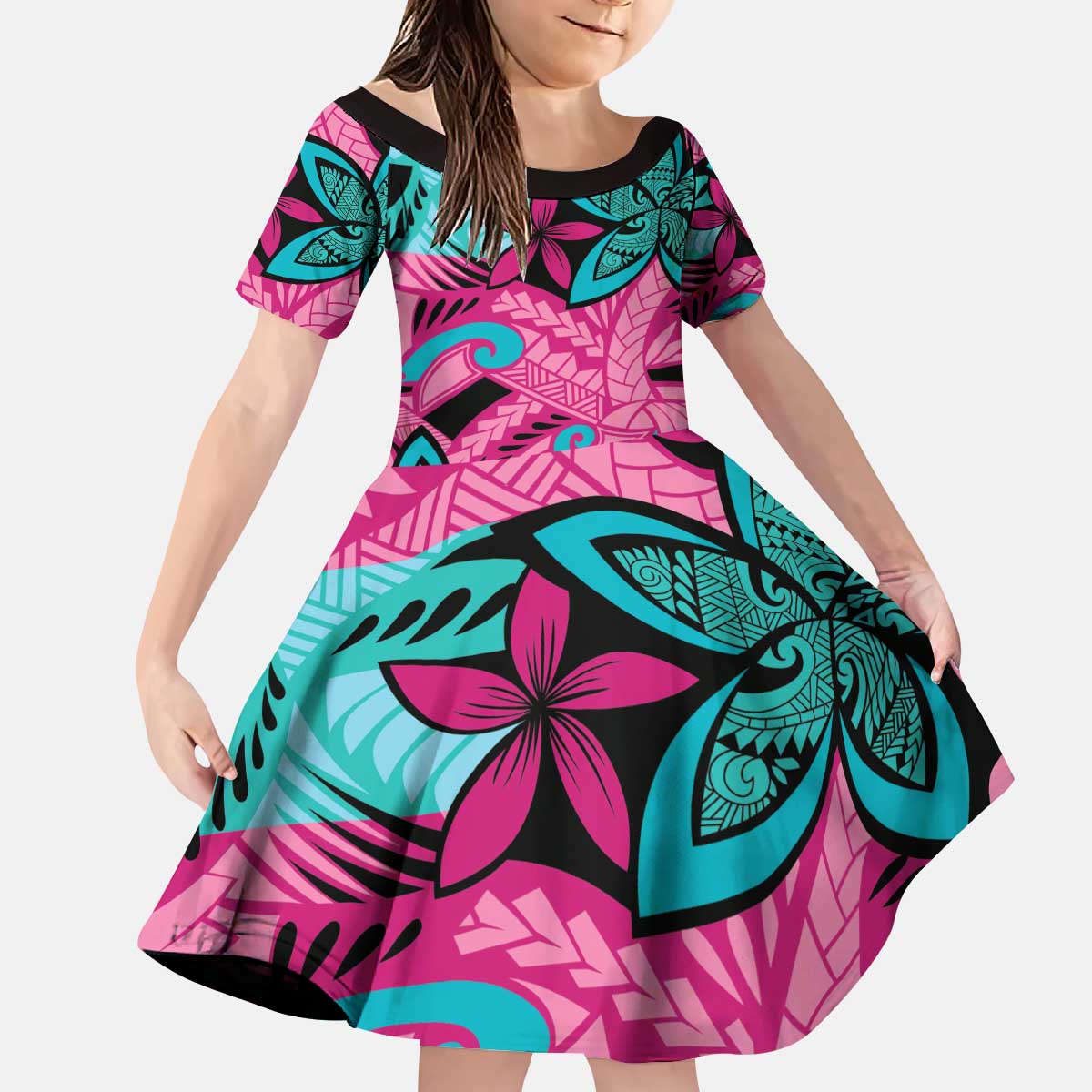 Plumeria Polynesian Pattern Kid Short Sleeve Dress Unique Fantasy Pink Teal