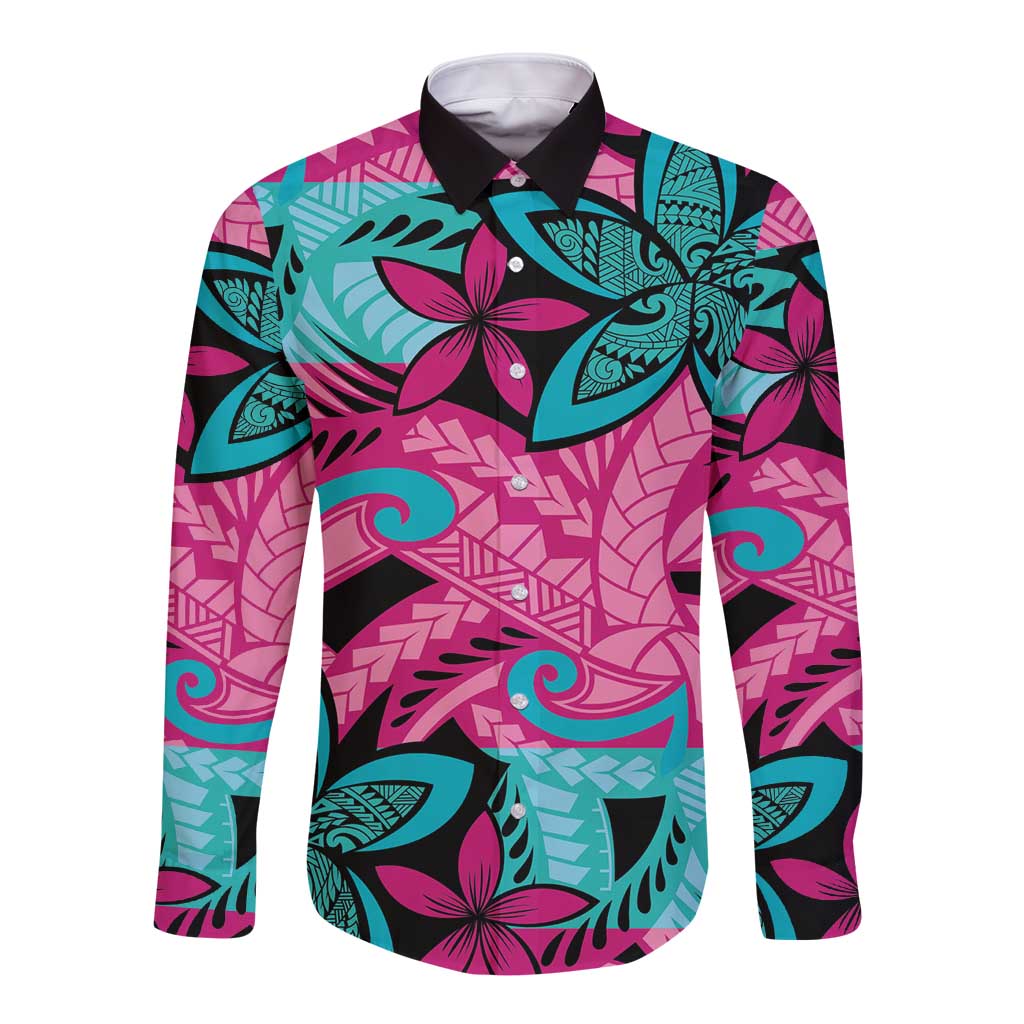 Plumeria Polynesian Pattern Long Sleeve Button Shirt Unique Fantasy Pink Teal