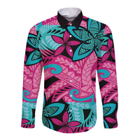 Plumeria Polynesian Pattern Long Sleeve Button Shirt Unique Fantasy Pink Teal