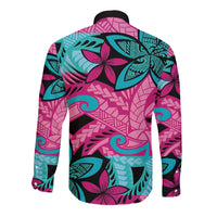 Plumeria Polynesian Pattern Long Sleeve Button Shirt Unique Fantasy Pink Teal